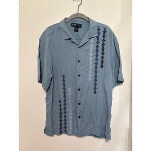 R&R Casuals 100% Silk‎ Button Up Shirt Blue Embroidered Camp Collar Medium